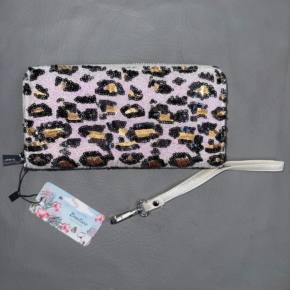 Brentano Leopard Sequin Zip Around Wristlet Wallet White Gold Black